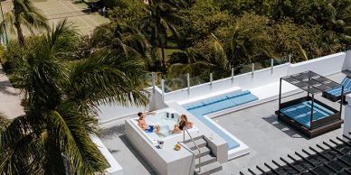 People relaxing in a rooftop pool area with palm trees.