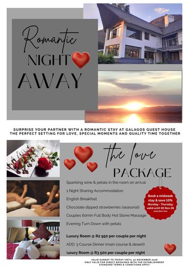 Romantic night away package with luxury stay, dinner, and massage at Galagos Guest House.