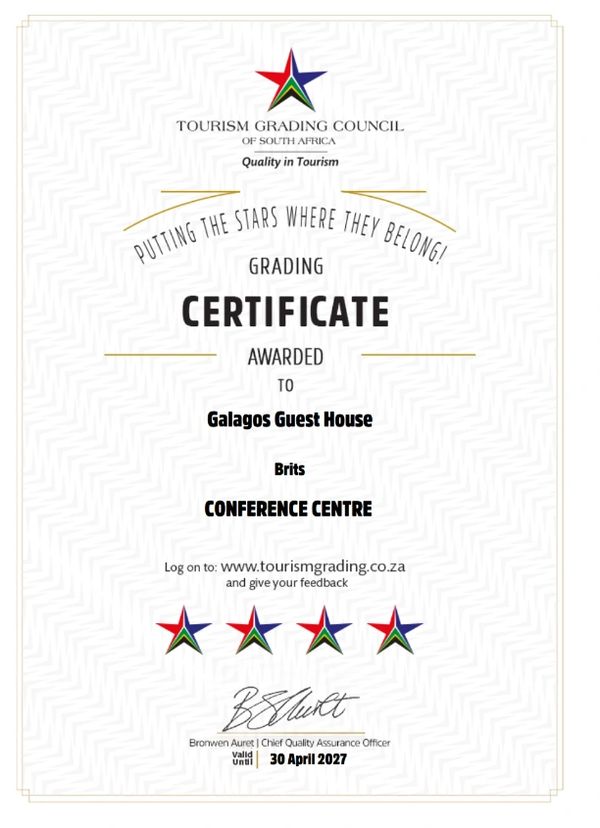 Certificate for Galagos Guest House conference centre with 4-star rating.