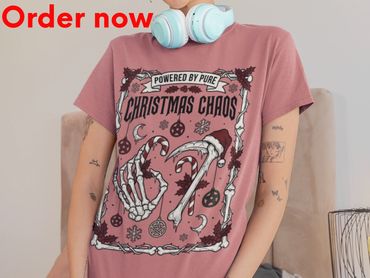 Powered by Pure Christmas Chaos 6 7 Shirt, Artistic Skeleton Hands, Candy Cane, Festive Graphic