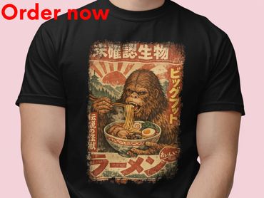 Bigfoot Sasquatch Ramen Japanese Art T Shirt, Vintage Poster Style, Cryptid Food Illustration, Funny