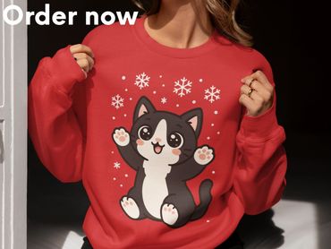 Cute Tuxedo Cat Catching Snowflakes Sweatshirt for Women Men Kids – Adorable Cozy Animal Gift
