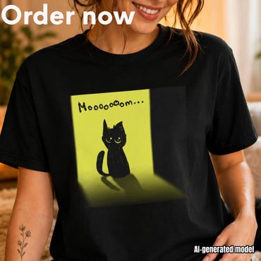 Funny black cat shirt for cat moms and black cat lovers featuring a whimsical hand-drawn cat saying
