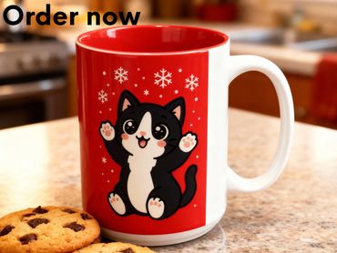 Cute Tuxedo Cat Catching Snowflakes Accent Coffee Mug for Women Men Kids, Adorable Animal Gift Cup