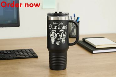 Powered by Pure Chaos 6 7 Tumbler, 40oz Insulated Travel Mug, Artistic Skeleton Hands, Coffee Gift