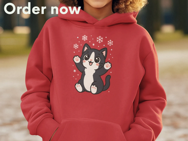 Cute Tuxedo Cat Catching Snowflakes Kids Hoodie, Adorable Youth Animal Graphic Gift for Girls & Boys