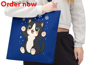Cute Tuxedo Cat Catching Snowflakes Tote Bag for Women Teens Adults Adorable Animal Graphic Gift Bag