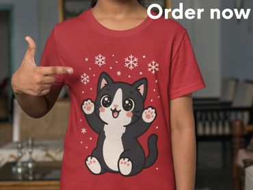 Cute Tuxedo Cat Catching Snowflakes Kids T-Shirt, Adorable Children’s Animal Graphic Gift