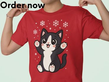 Cute Kawaii Tuxedo Cat Catching Snowflakes Winter T-Shirt for Women Men Teens Cozy Animal Lover Gift