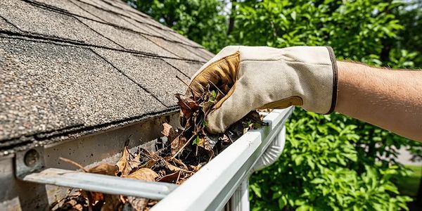 Hand with glove cleaning leaves from a house gutter.