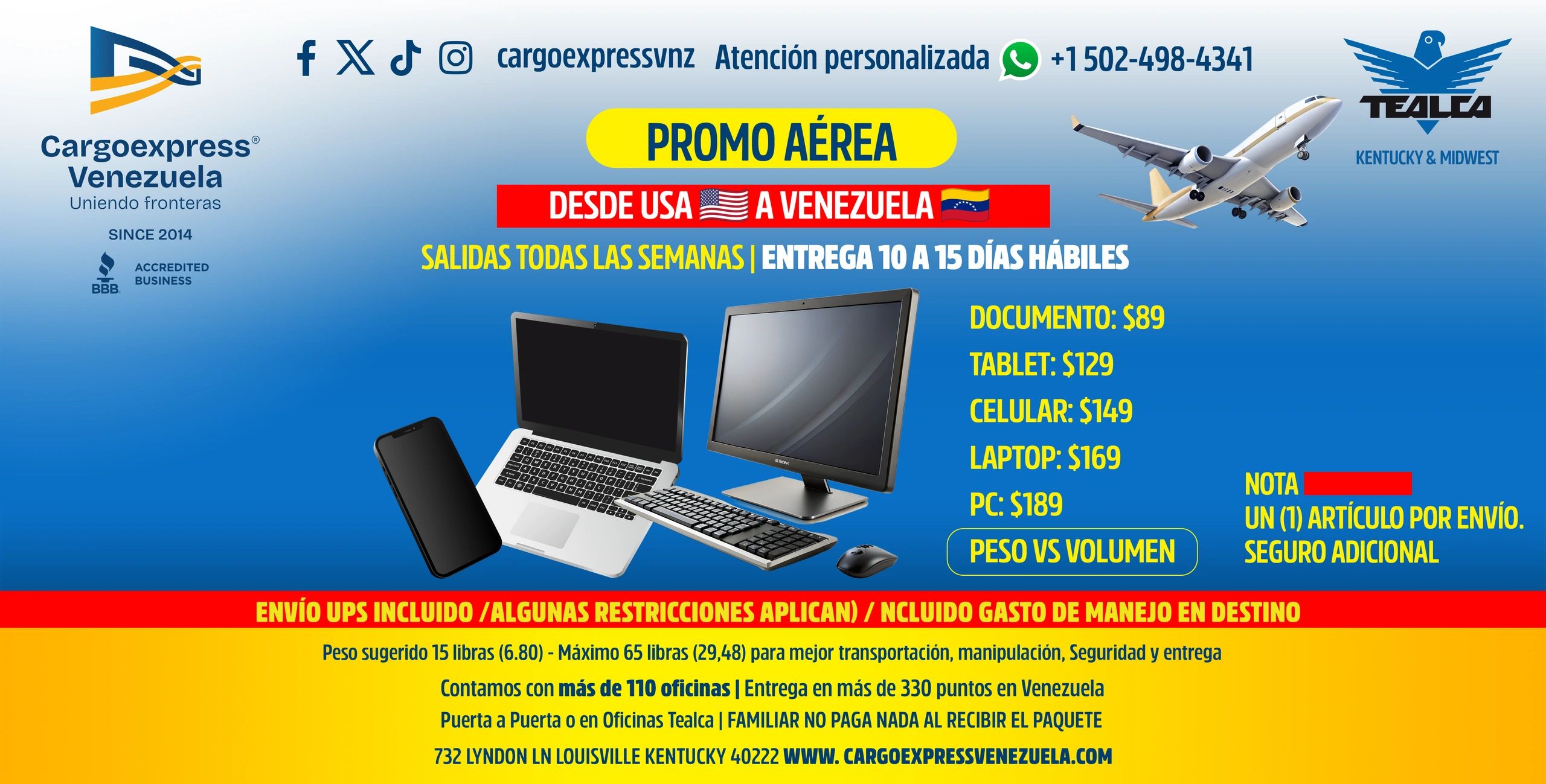 Promoción de envíos aéreos desde USA a Venezuela con tarifas y tiempos especificados.