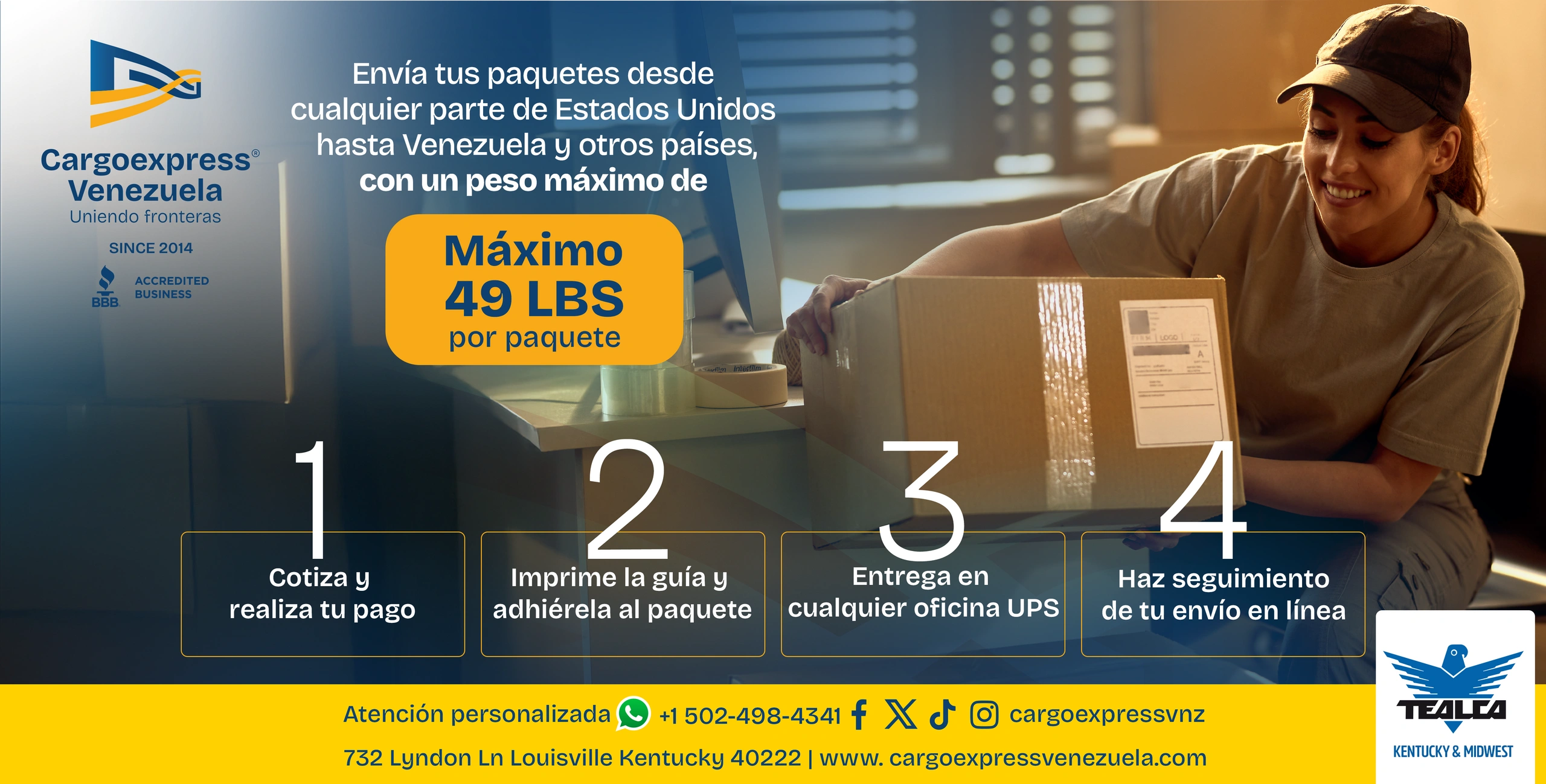 Servicio de envío de paquetes de EE.UU. a Venezuela con peso máximo de 49 libras.