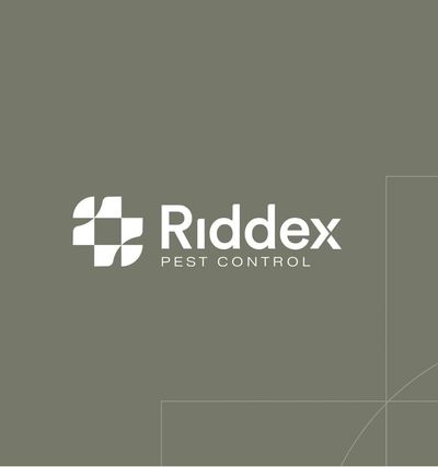Riddex Pest Control logo with a modern geometric design on a muted green background.