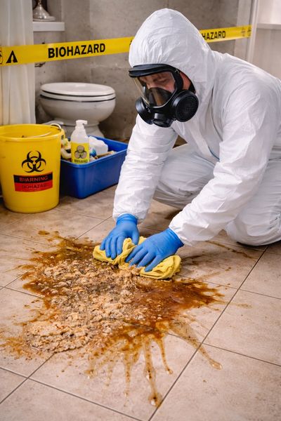 Person in hazmat suit cleaning a biohazard spill on tiled floor.