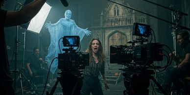 A woman screams on a horror movie set with ghost and cameras around.