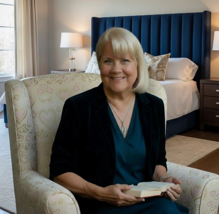 Smiling woman sitting in armchair holding a book in a cozy bedroom.