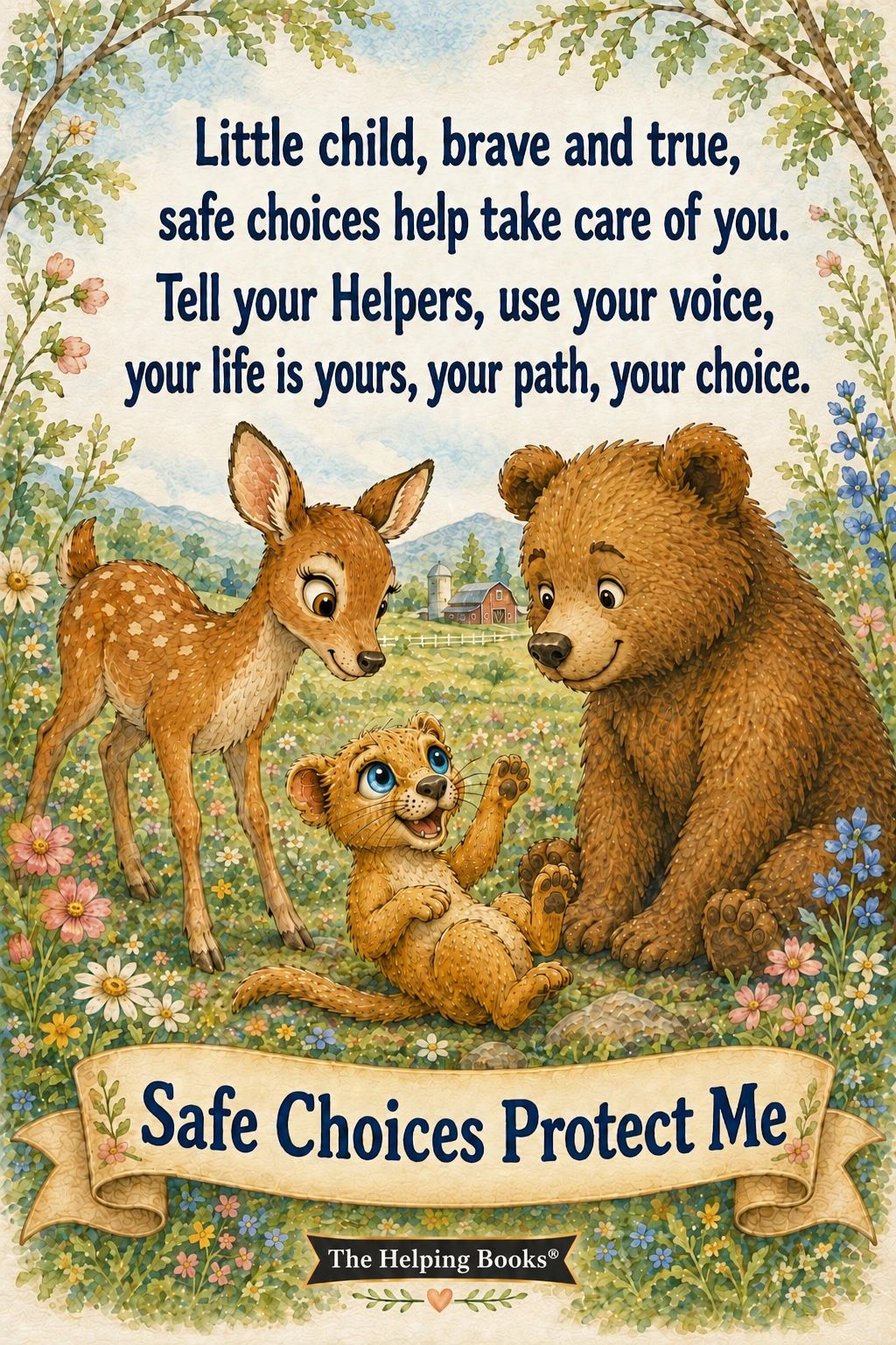 Illustration with a deer, bear, and cub surrounded by flowers and a safety message for children.
