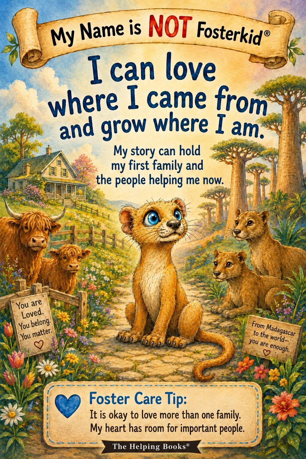 A heartwarming message about love and identity for foster kids with charming animal illustrations.