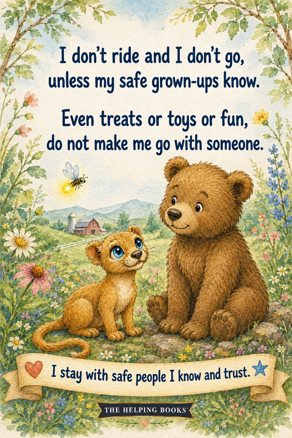 Illustration of a bear and a cub with a safety message about staying with trusted adults.