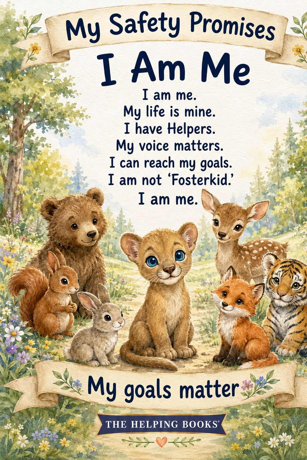 Illustrated animals surround a positive safety promise for children about identity and goals.