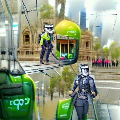 two armoured police surrounded by trams in front of parliament, generated by artificial intelligence