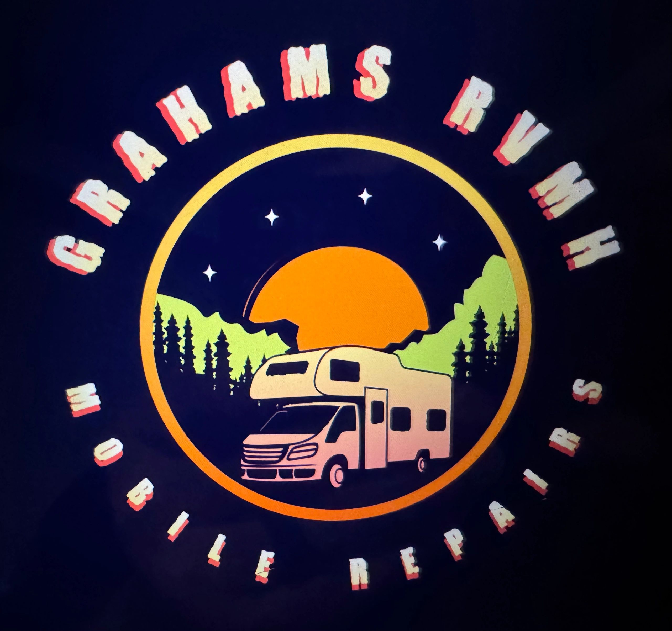 Retro-style logo with camper van, sunset, and forest landscape.