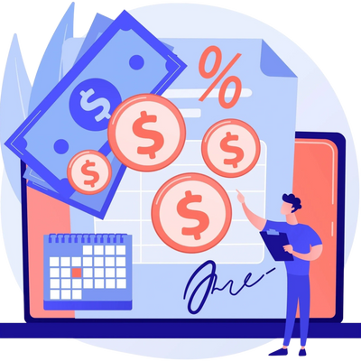 Illustration of financial planning with money, percentage, and calendar icons.