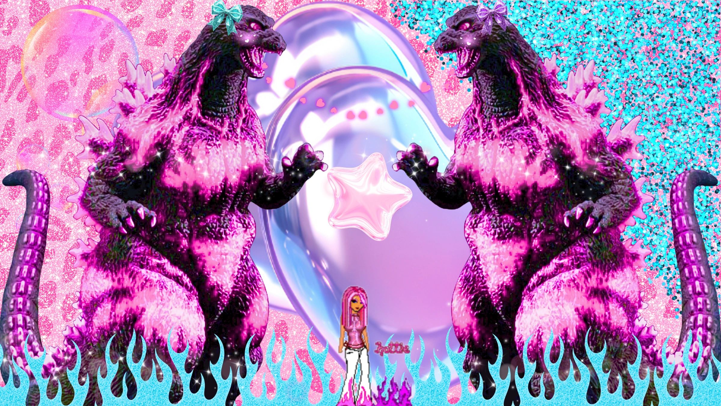 Glittery pink Godzilla twins with bows and pixel art figure.