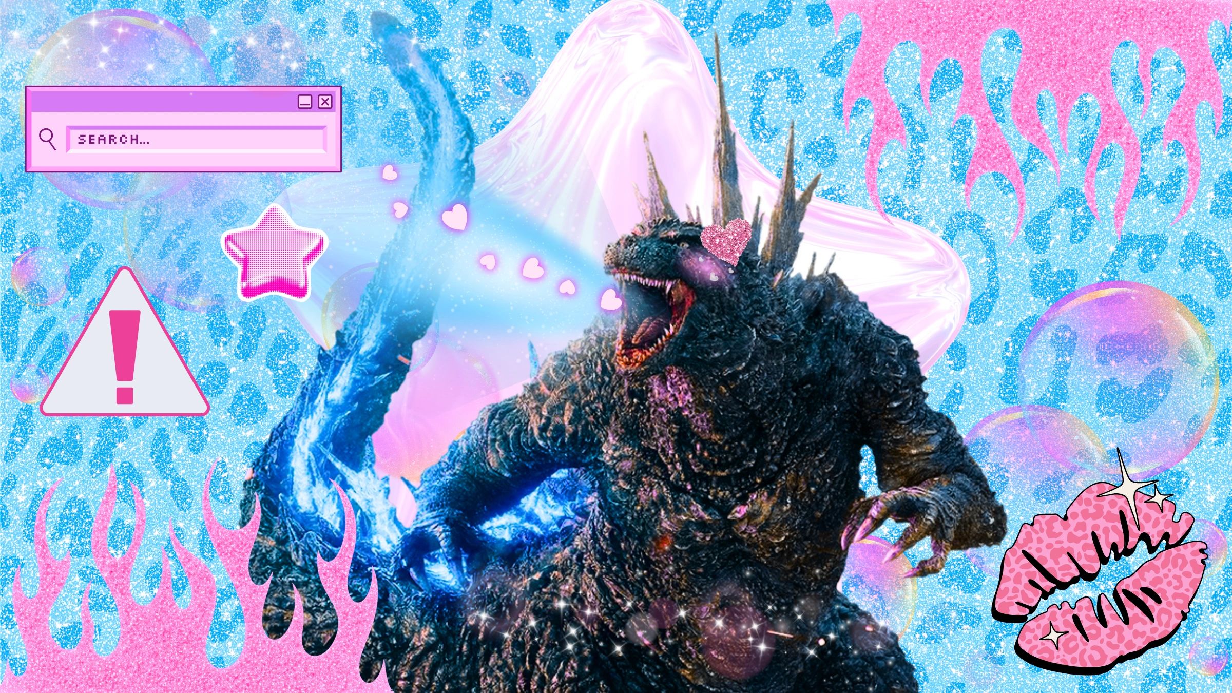Godzilla with cute pink heart and pastel aesthetic.