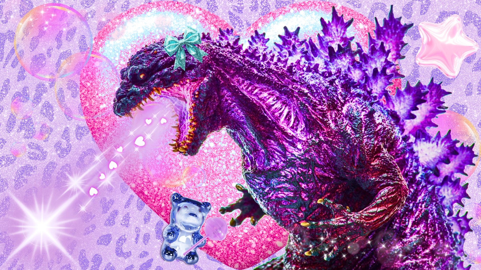 Purple Godzilla with cute elements in a sparkly pink background.