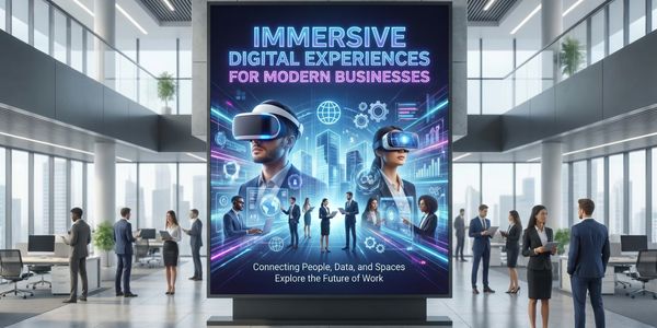 Business professionals in a modern office with a digital display on immersive virtual reality experiences.