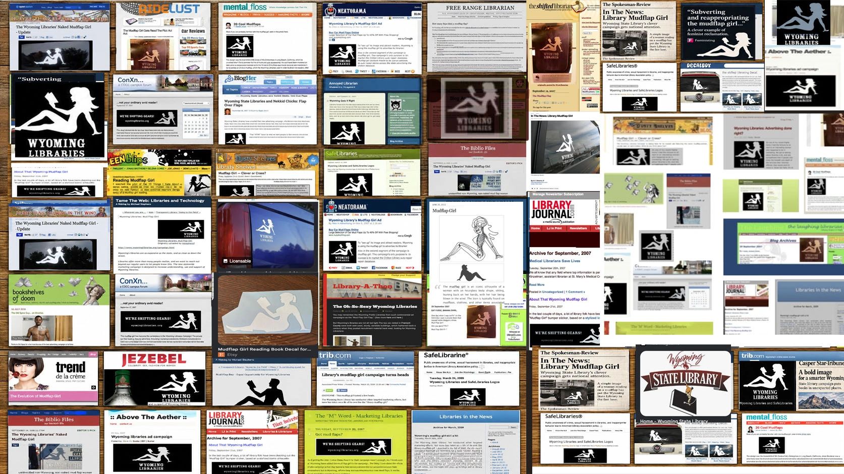 Collage of images and articles about the Wyoming Libraries Mudflap Girl logo.