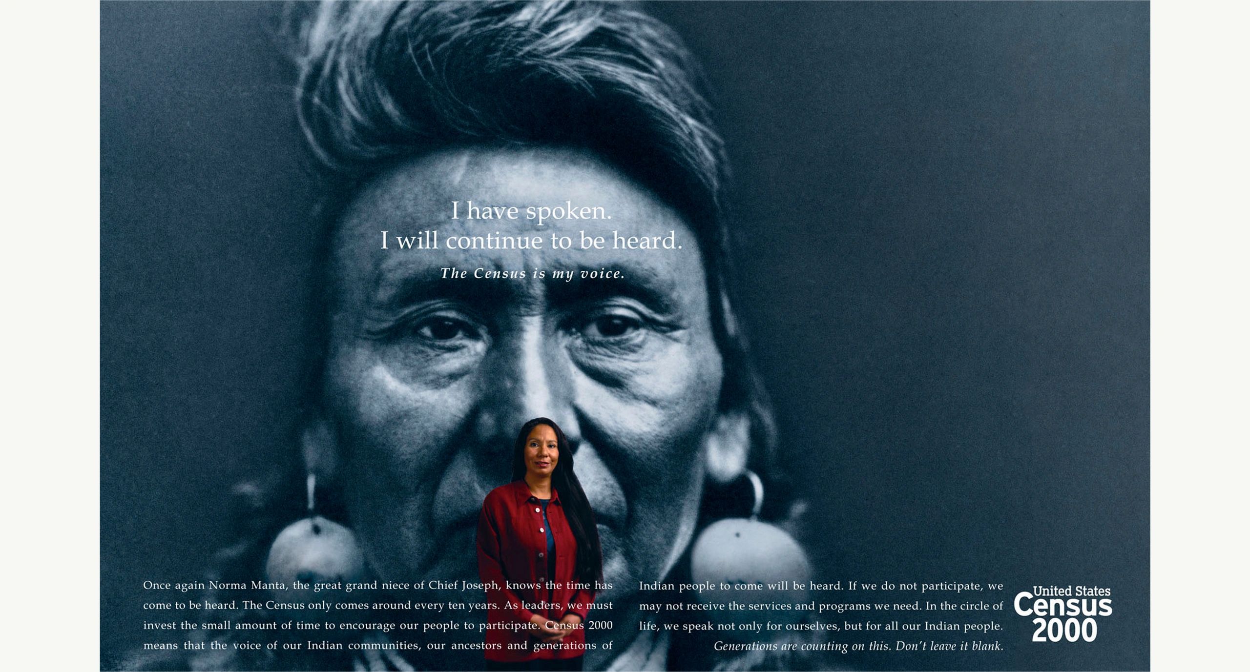 Woman stands in front of a large poster promoting the US Census 2000.