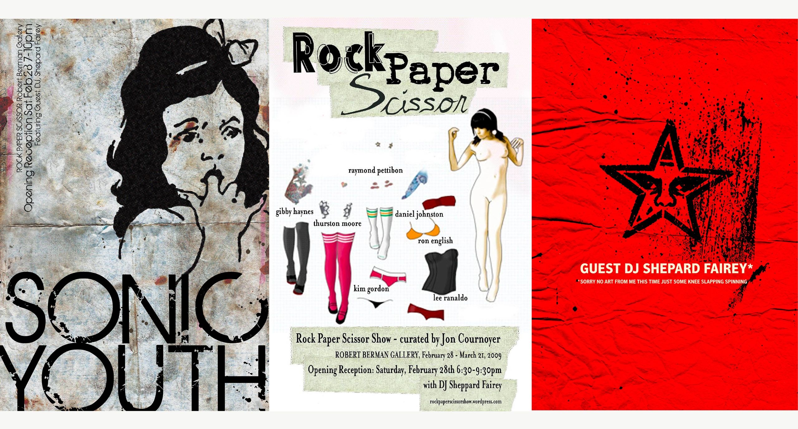 Poster collage featuring Sonic Youth and Rock Paper Scissor art show details.