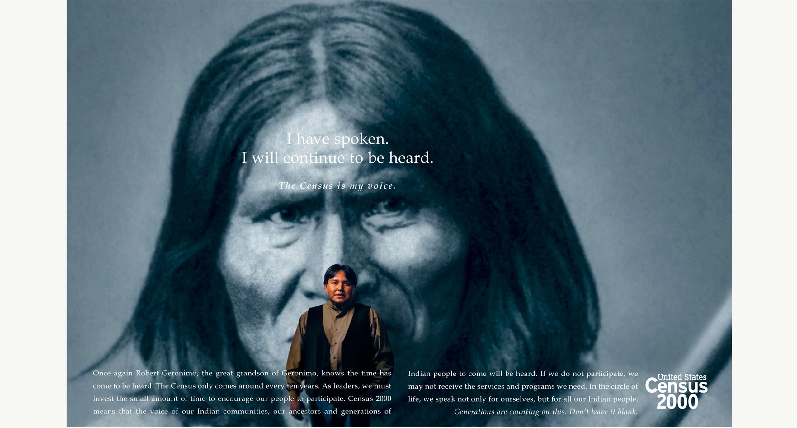 Portrait of Robert Geronimo advocating for Census 2000 participation.