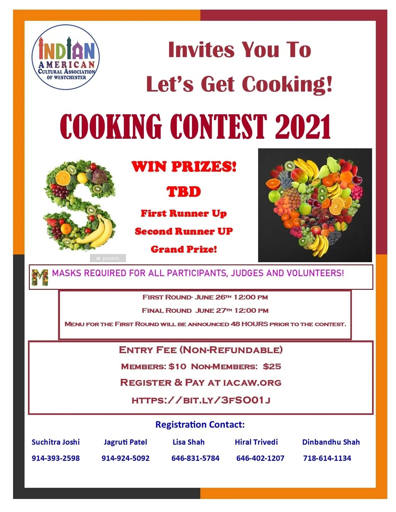 Indian American Cultural Association cooking contest 2021 with prizes and mask requirement.