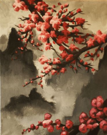Misty mountains in the background with cherry blossoms on tree branches 