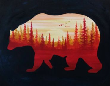 silhouette of a bear surrounding a landscape of fir trees, a setting sun and birds in the sky 