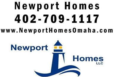 Newport Homes contact info with lighthouse logo.