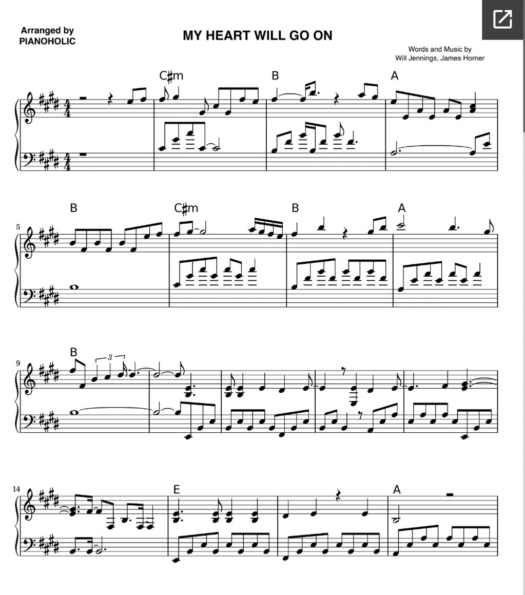 "My Heart Will Go On" Pianoholic piano sheet