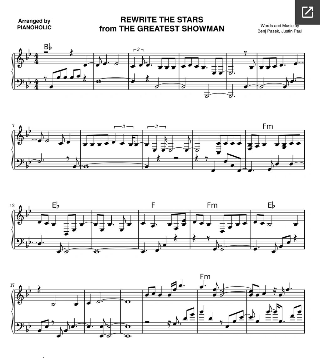 Piano sheet music for "Rewrite the stars"?