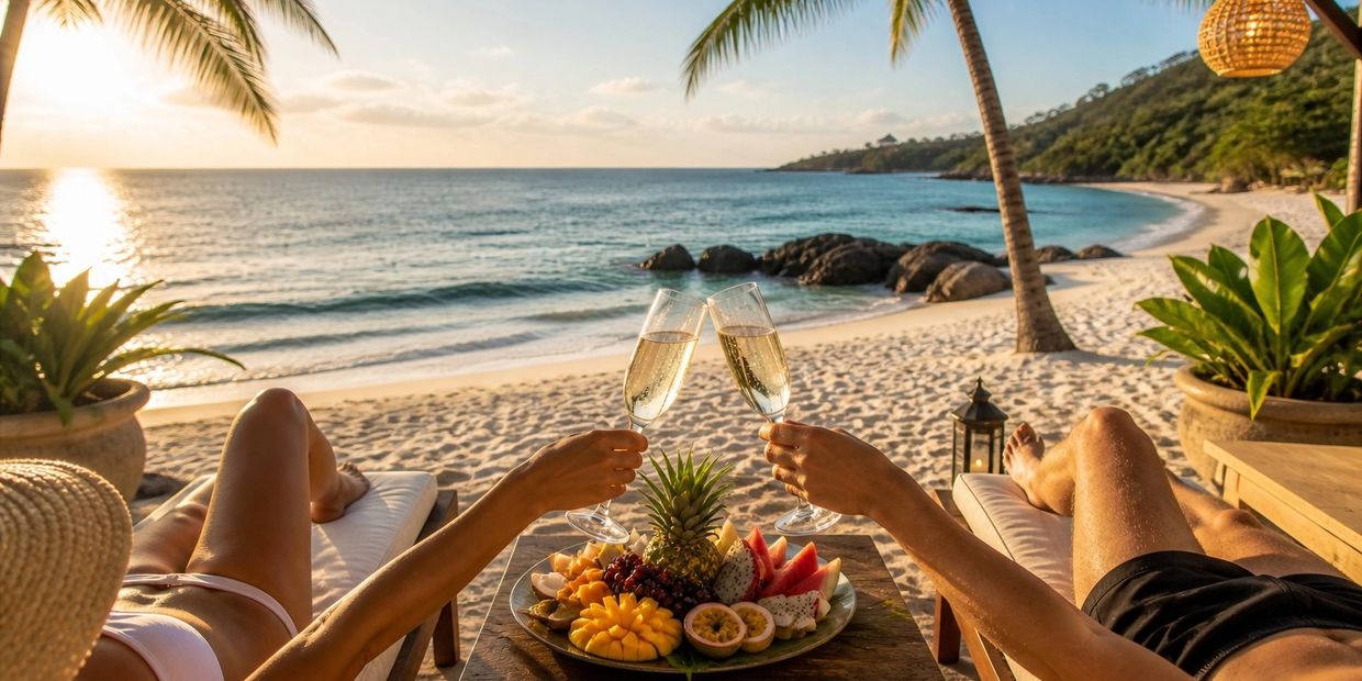 Couple toasting with champagne on a tropical beach at sunset.