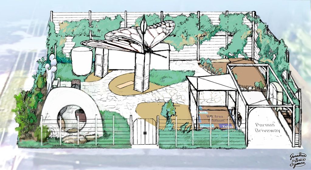 Conceptual garden design featuring a butterfly sculpture and porous driveway.