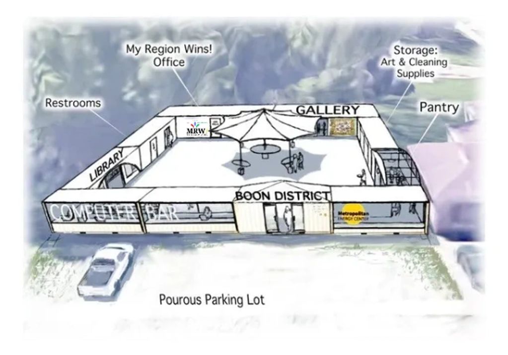 Illustrated layout of a community center with labeled rooms and outdoor seating area.