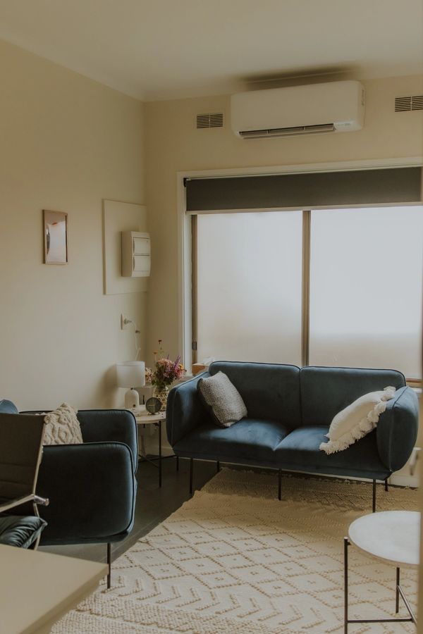Cozy living room with blue sofas and a patterned rug in soft natural light.