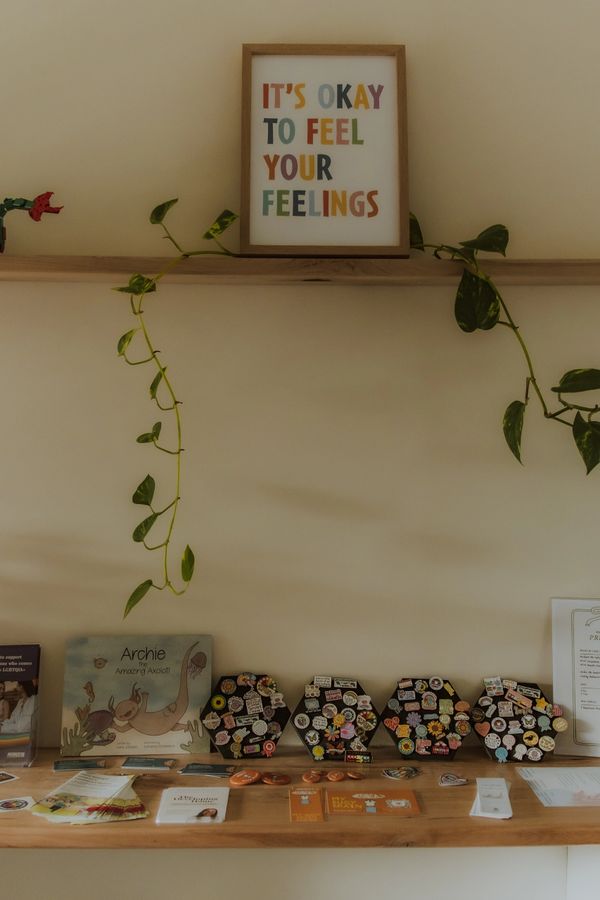 Wall shelf with a colorful motivational sign and hanging plants above a table with pins and brochures.