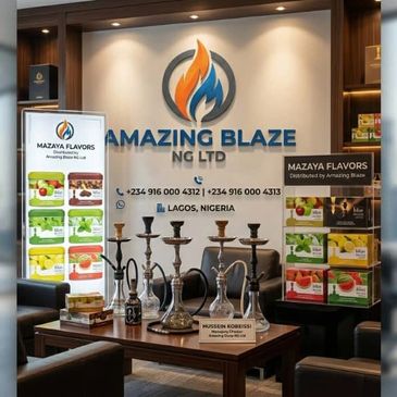 Showroom of Amazing Blaze NG LTD with hookahs and Mazaya Flavors.