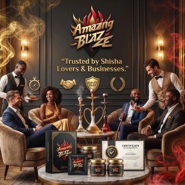 Elegant group enjoying shisha with Amazing Blaze branding.