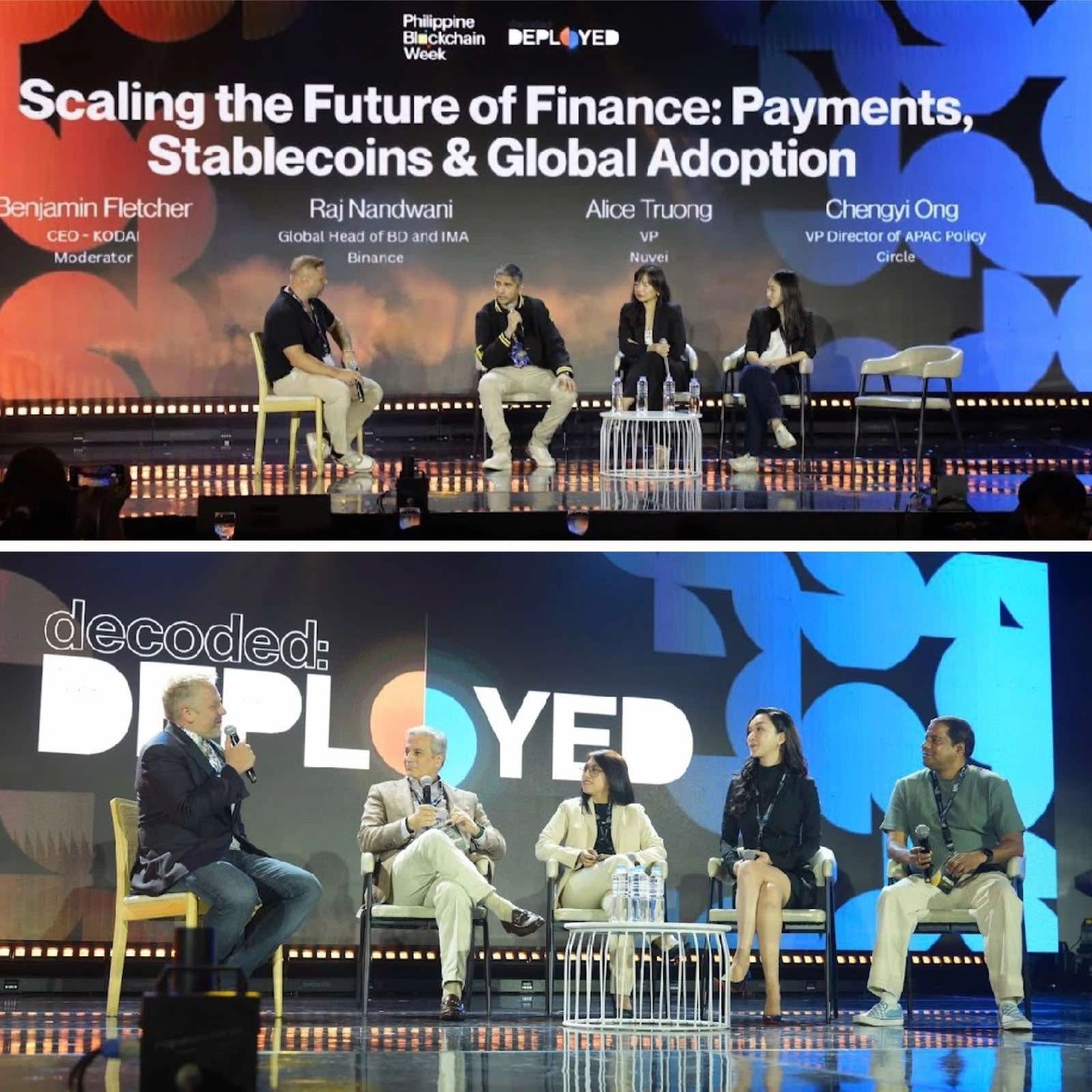 Upper: Moderator Benjamin Fletcher leads a panel discussion with (from left) Raj Nandwani, Global Head of BD and IMA at Binance; Alice Truong, Vice President at Nuvei; and Chengyi Ong, Director of APAC Policy at Circle, on Scaling the Future of Finance: Payments, Stablecoins & Global Adoption at Philippine Blockchain Week 2026.                                                             Lower: Moderator Vit Jedlička, President of Liberland, facilitates a candid exchange with (from left) Varun Chugh, External Financial Advisor at Bingold Inc.; Rebecah Dausen, PH Country Lead at XDC Network; Jessica Wu, Head of APAC at Bitpanda Enterprise; and Kritesh Tripathi, Co-Founder of XPHERE, during the From Physical to Digital: Bringing Real-World Assets On-Chain panel at PBW 2026.