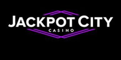 Jackpot City Casino logo with purple geometric lines on black background.